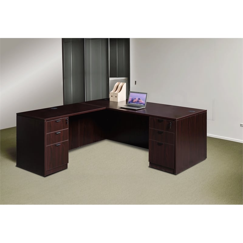 Scranton & Co Engineered Wood L-Shape Desk with Pedestal in Mahogany