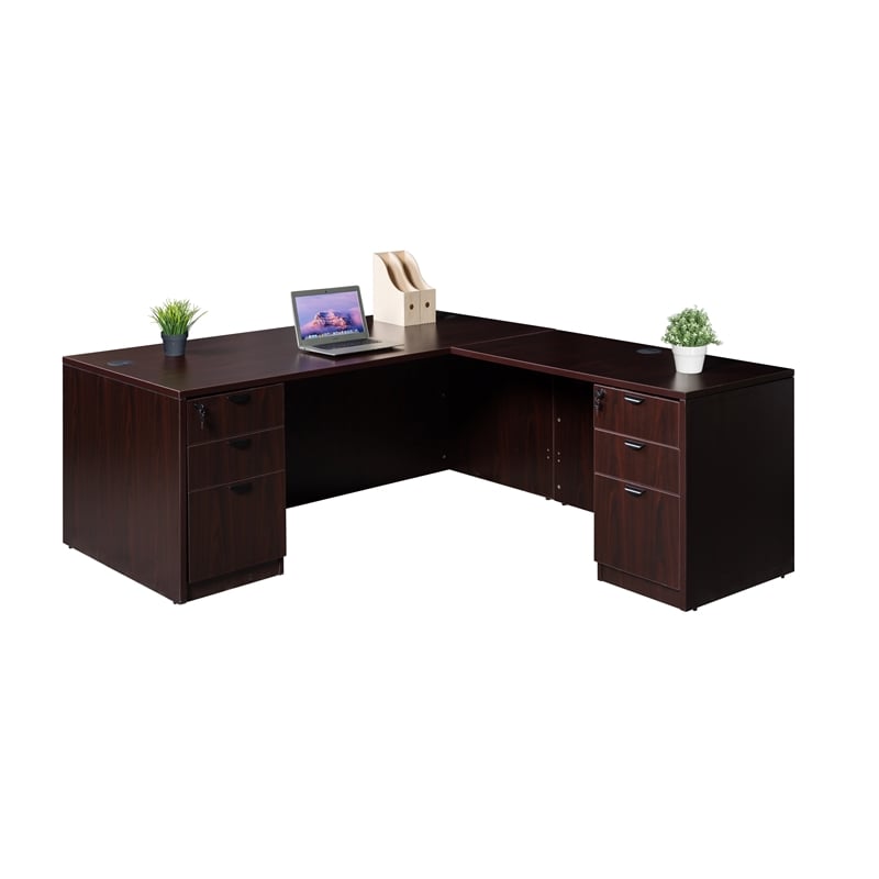Scranton & Co Engineered Wood L-Shape Desk with Pedestal in Mahogany