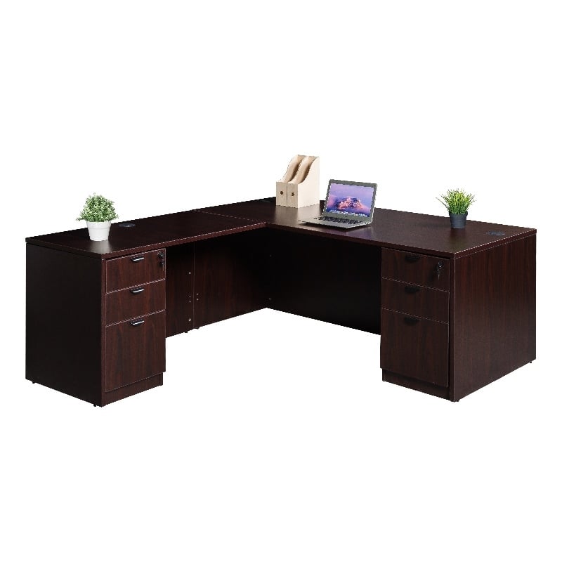 Scranton & Co Engineered Wood L-Shape Desk with 2 Pedestals in Mahogany