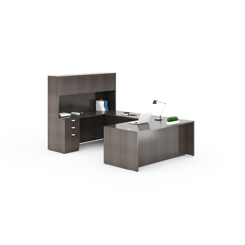 Scranton & Co Wood U-Shape Desk Credenza with Pedestal and Hutch in Driftwood