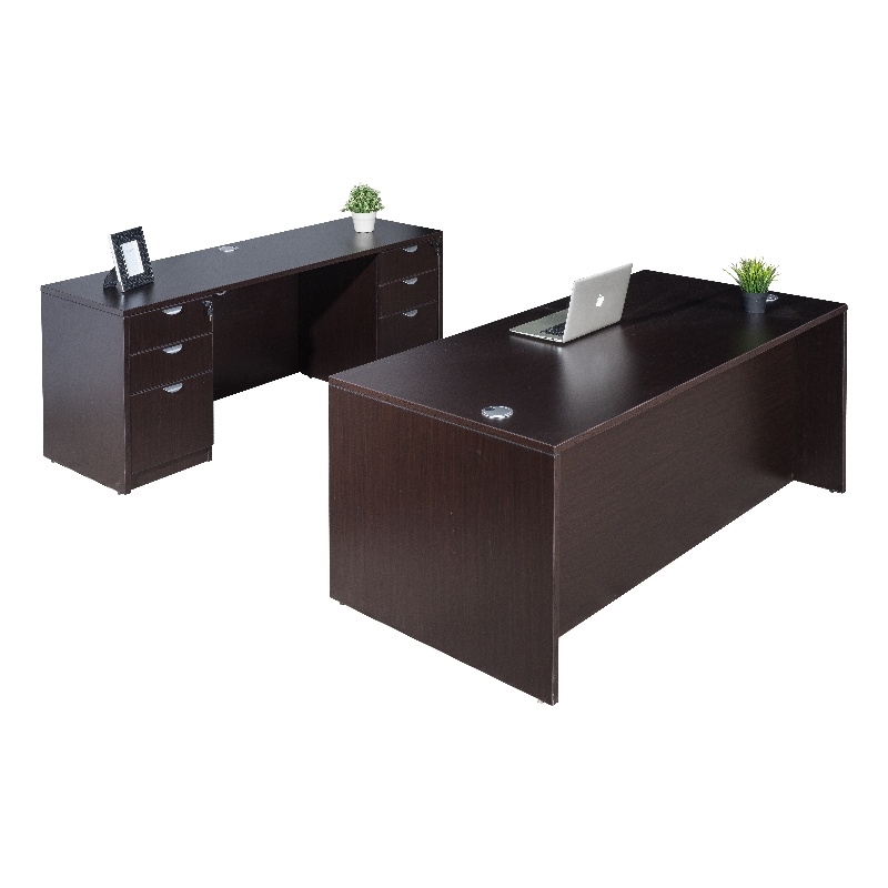 Scranton & Co Engineered Wood Desk and Credenza with 2 Pedestals in Mocha