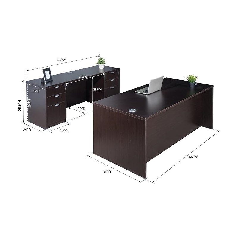 Scranton & Co Engineered Wood Desk and Credenza with 2 Pedestals in Mocha