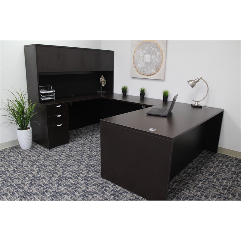 Scranton & Co Wood U-Shape Desk Credenza with Pedestal and Hutch in Mocha