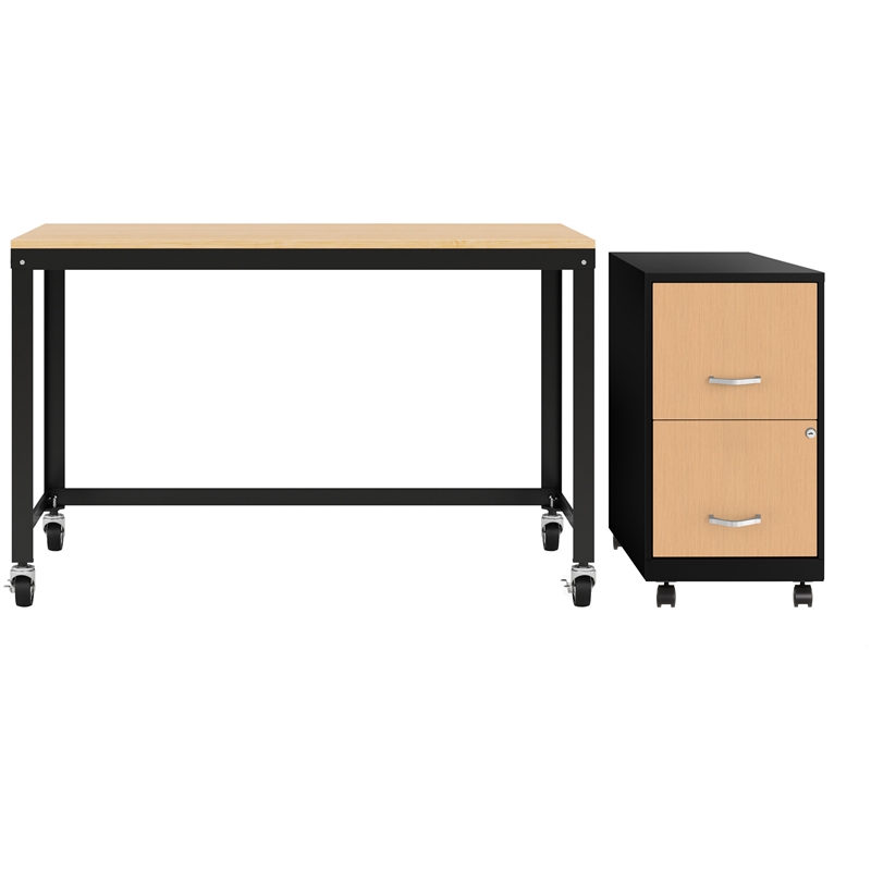 Scranton & Co Home Office Metal Desk and Storage Set in Black / Maple