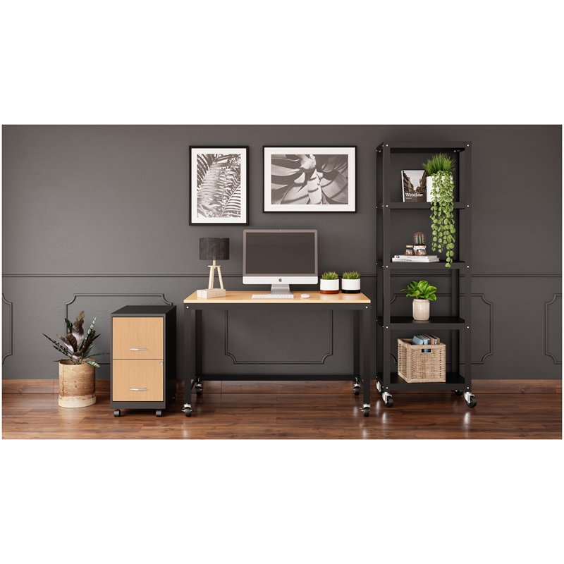 Scranton & Co Home Office Metal Desk and Storage Set in Black / Maple