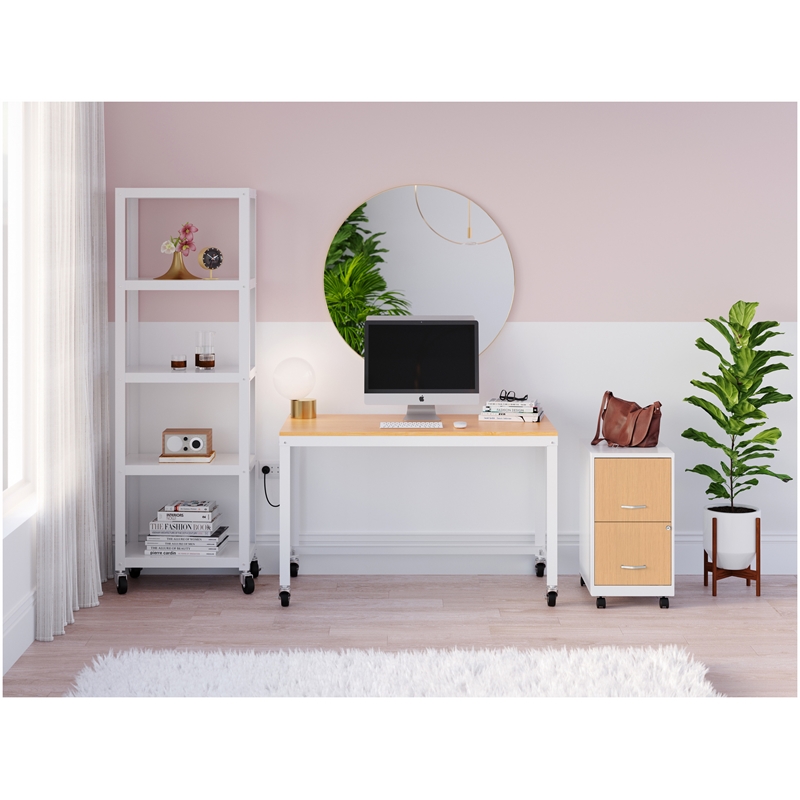 Scranton & Co Home Office Metal Desk and Storage Set in White / Maple