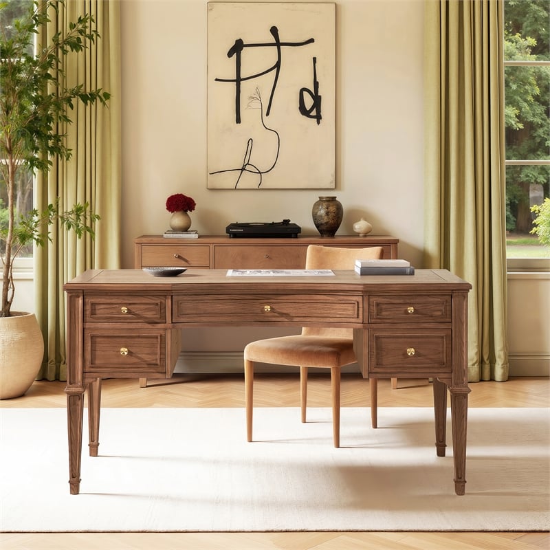 Scranton & Co Gold Accent 5-Drawer Executive Desk in Brown Ash Wood & Veneer