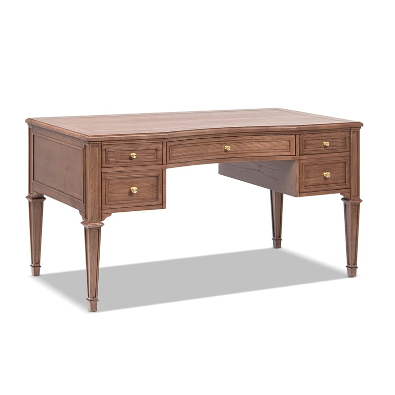 Scranton & Co Gold Accent 5-Drawer Executive Desk in Brown Ash Wood & Veneer