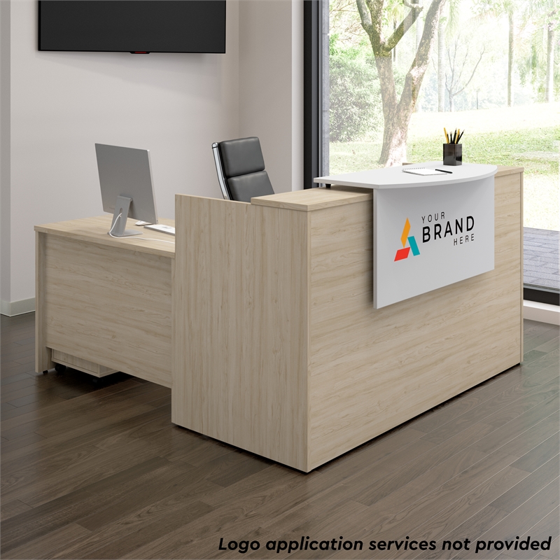 Scranton & Co Wood 72W x 72D L Reception Desk with Drawers in Natural Elm
