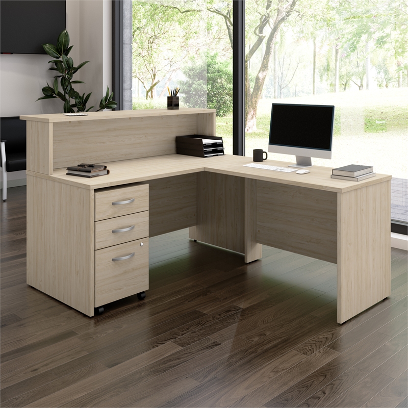 Scranton & Co Wood 60W x 72D L Reception Desk with Drawers in Natural Elm