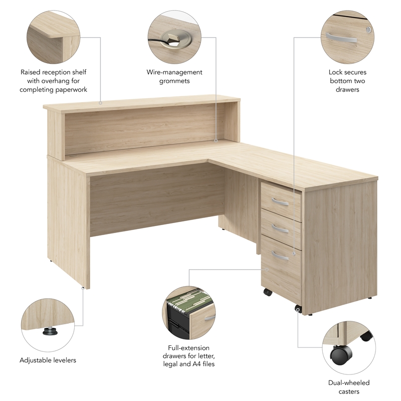 Scranton & Co Wood 60W x 72D L Reception Desk with Drawers in Natural Elm