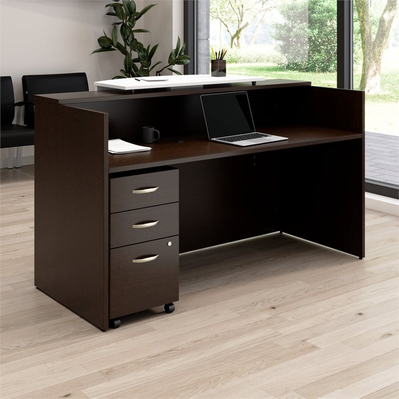 Scranton & Co Wood 72W x 30D Reception Desk with Drawers in Mocha Cherry