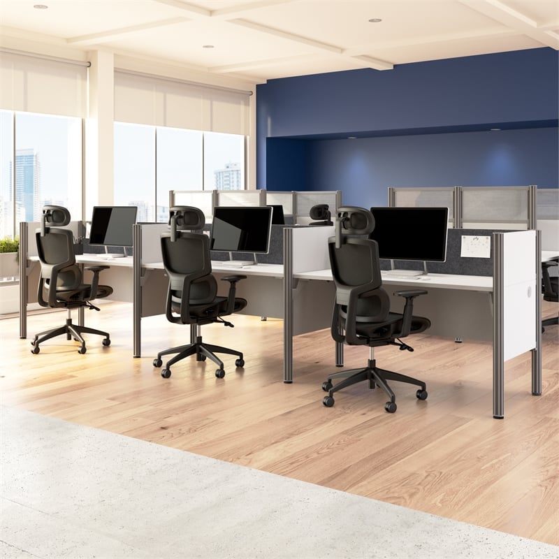 Scranton & Co Wood 3 Person Office Cubicle Desk with Low Panels in White