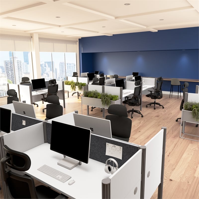 Scranton & Co Wood 3 Person Office Cubicle Desk with Low Panels in White