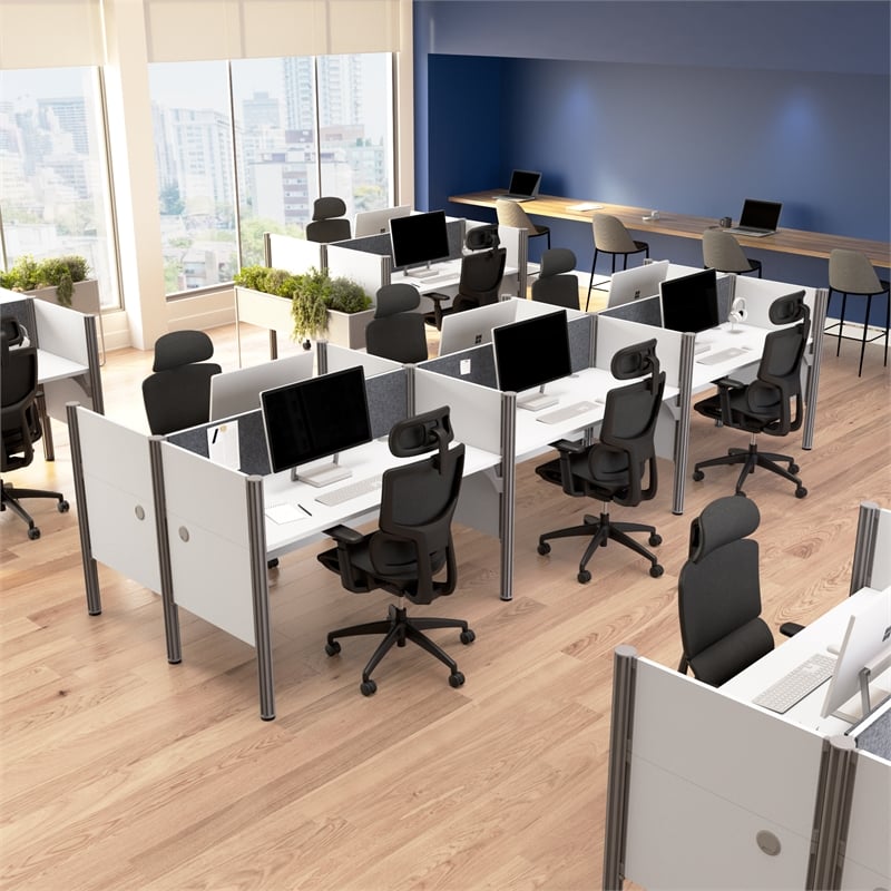 Scranton & Co Wood 6 Person Office Cubicle Desk with Low Panels in White