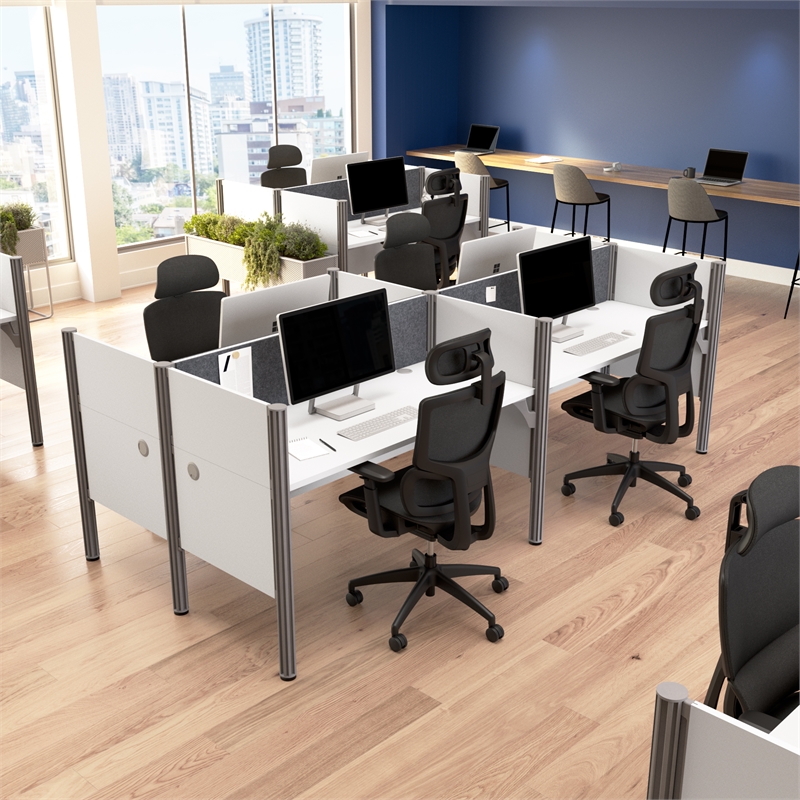 Scranton & Co Wood 4 Person Office Cubicle Desk with Low Panels in White