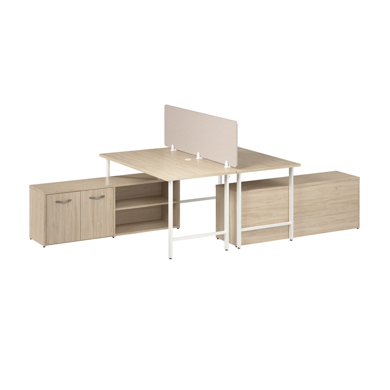 Scranton & Co Wood 2 Person Desk with Low Storage Cabinet in Natural Elm