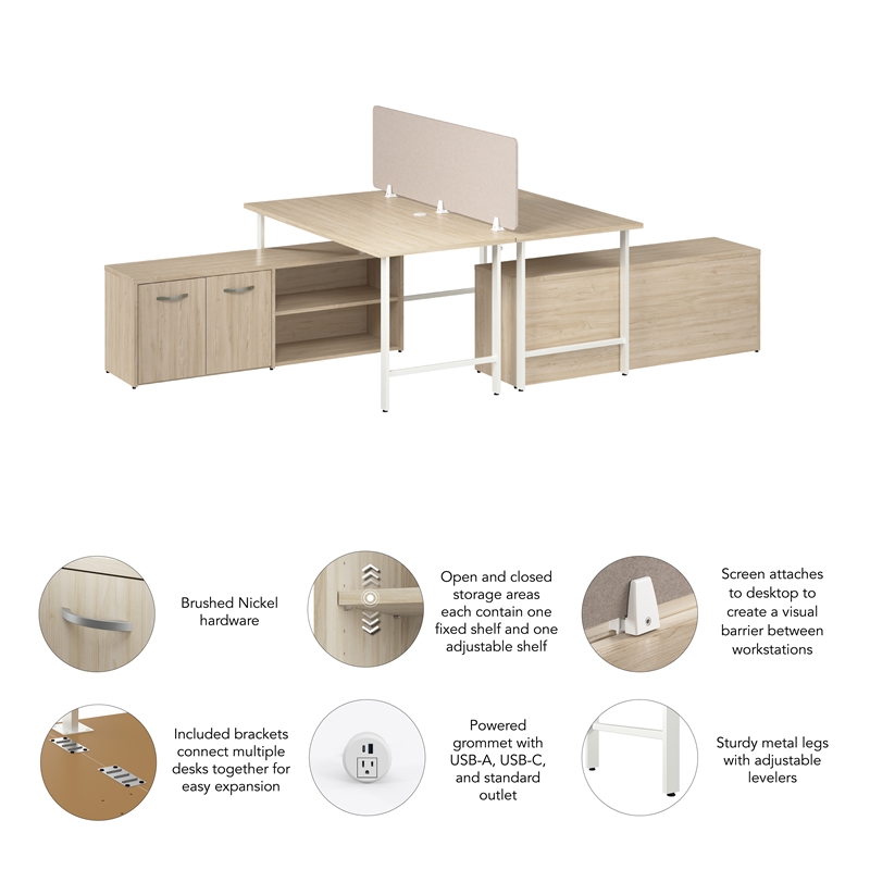 Scranton & Co Wood 2 Person Desk with Low Storage Cabinet in Natural Elm