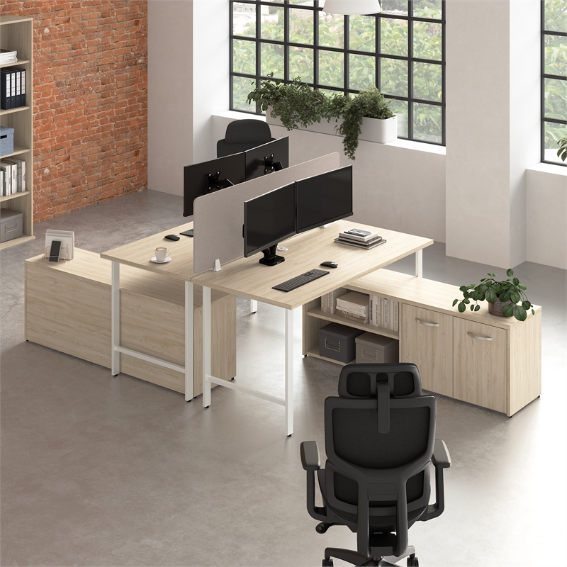 Scranton & Co Wood 2 Person Desk with Low Storage Cabinet in Natural Elm