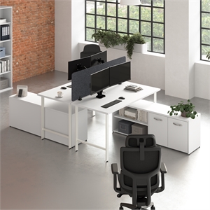 Scranton & Co Engineered Wood 2 Person Desk with Low Storage Cabinet in White