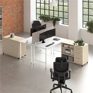Scranton & Co Engineered Wood 2 Person Desk with Mobile Storage in White/Elm