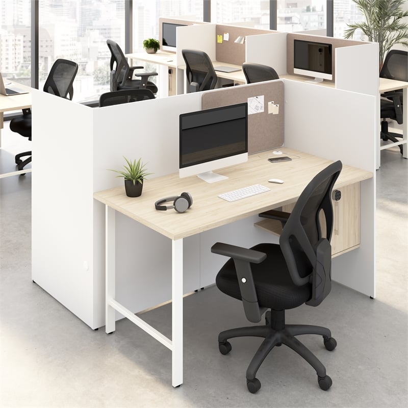 Scranton & Co Wood 60W 2 Person Cubicle Desk with Storage in White/Elm