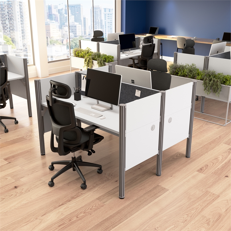 Scranton & Co Wood 2 Person Office Cubicle Desk with Low Panels in White