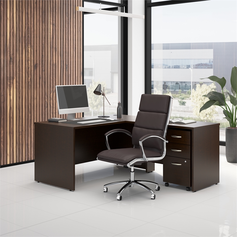 Scranton & Co 60W L-Shaped Desk with Mobile File Cabinet in Mocha Cherry