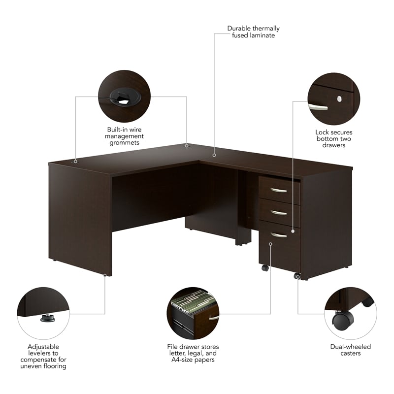 Scranton & Co 60W L-Shaped Desk with Mobile File Cabinet in Mocha Cherry