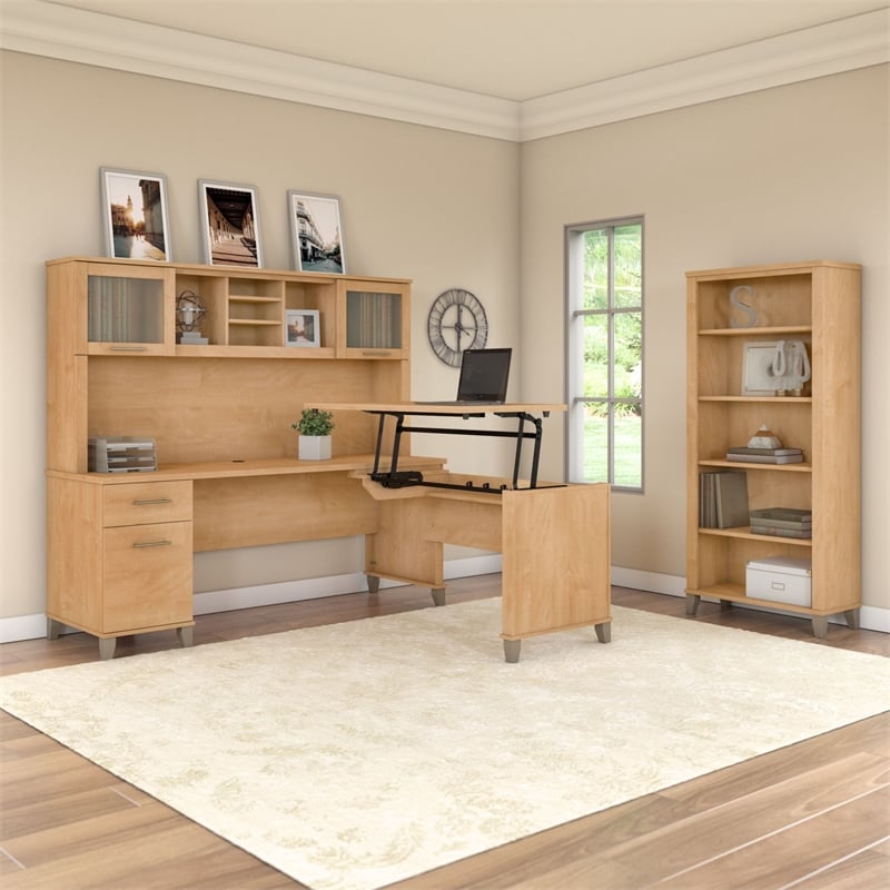Scranton & Co Sit to Stand L-Shaped Desk with Hutch and Bookcase in Maple