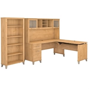 Scranton & Co Sit to Stand L-Shaped Desk with Hutch and Bookcase in Maple