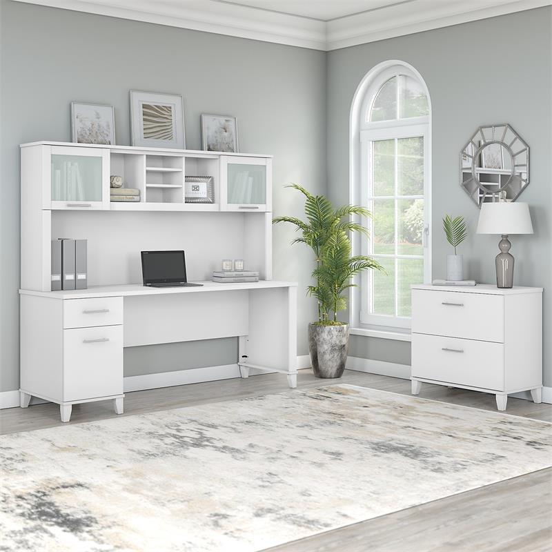 Scranton & Co Engineered Wood 72W Office Desk with Hutch & File Cabinet in White