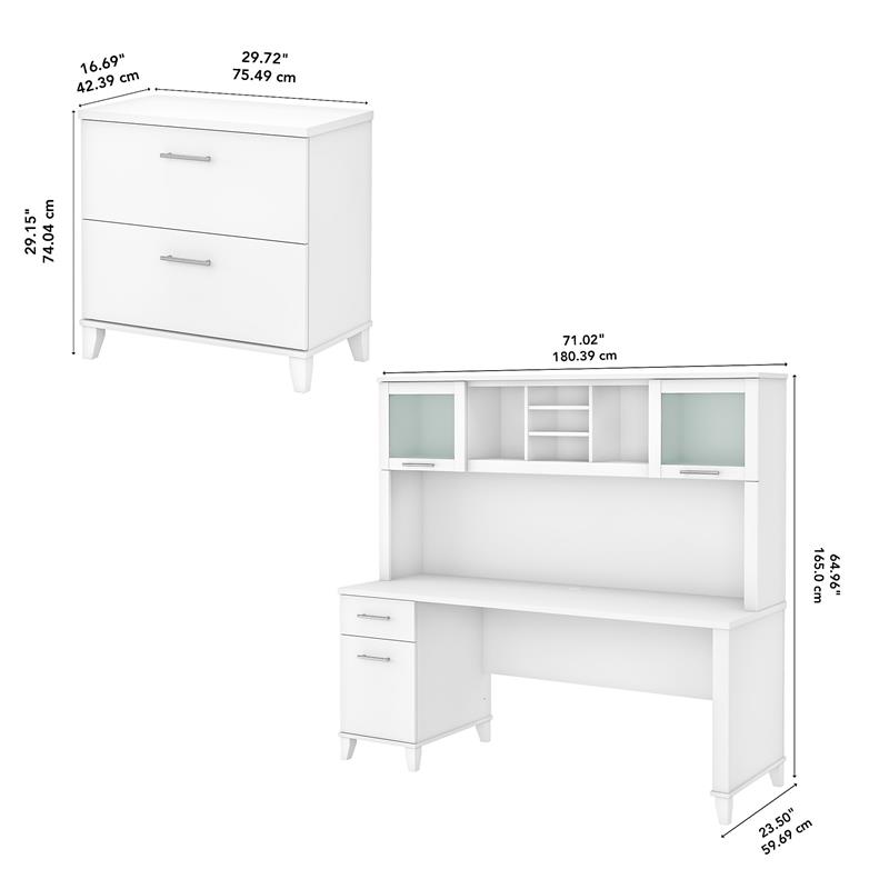 Scranton & Co Engineered Wood 72W Office Desk with Hutch & File Cabinet in White