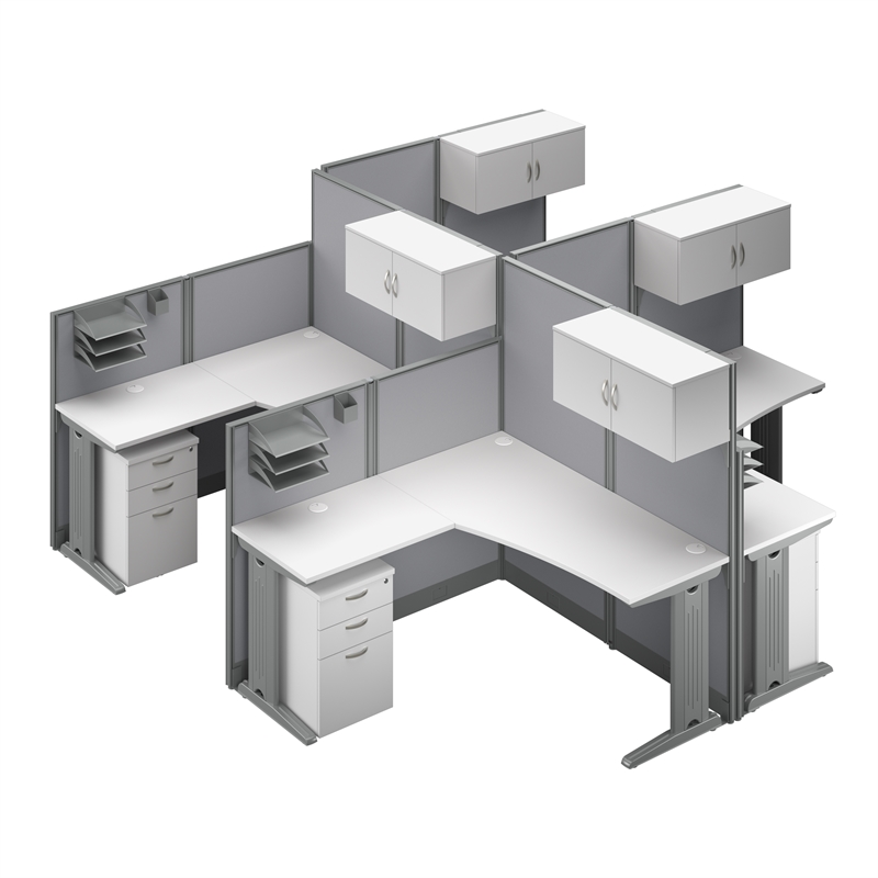 Scranton & Co Engineered Wood 4 Person L Cubicle Desk Set in Pure White