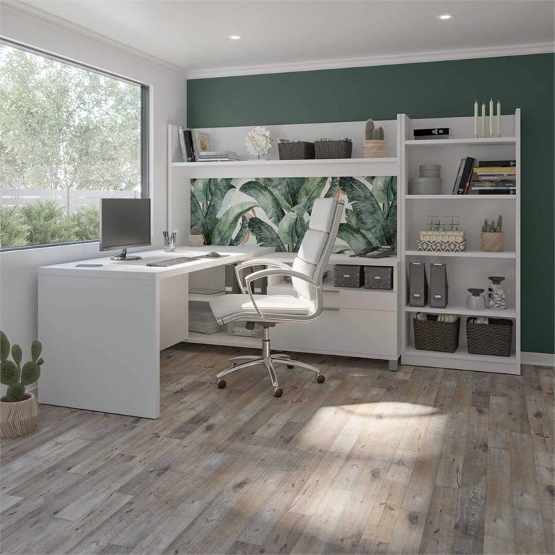 Scranton & Co L-Shaped Home Office Desk with Bookcase in White