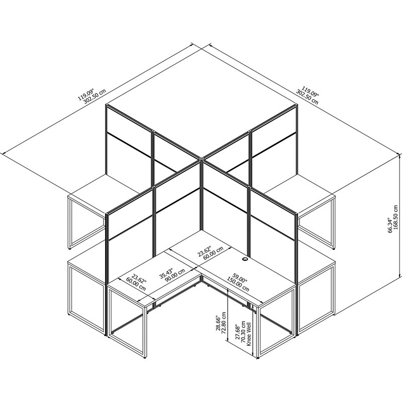 Scranton & Co Contemporary 4 Person L-Shaped Cubicle with 66