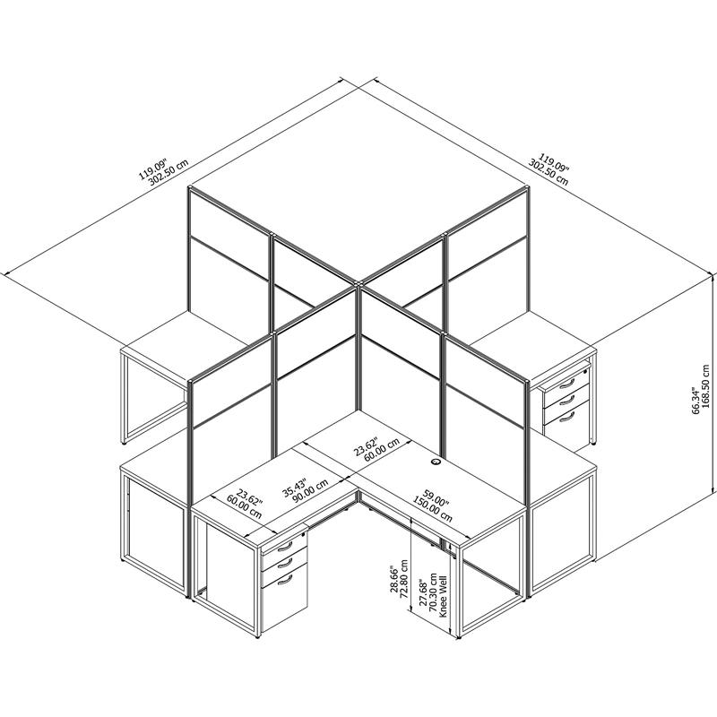 Scranton & Co Engineered Wood 60W 4 Person L Desk Set with 66