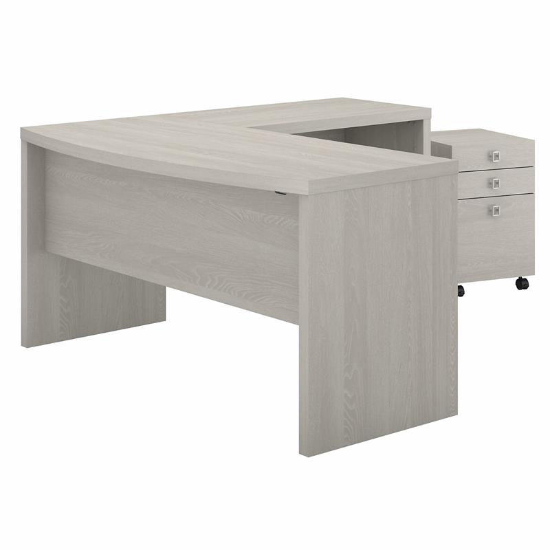 Scranton & Co Engineered Wood L-Shaped Bow Front Desk with Drawers in Gray Sand