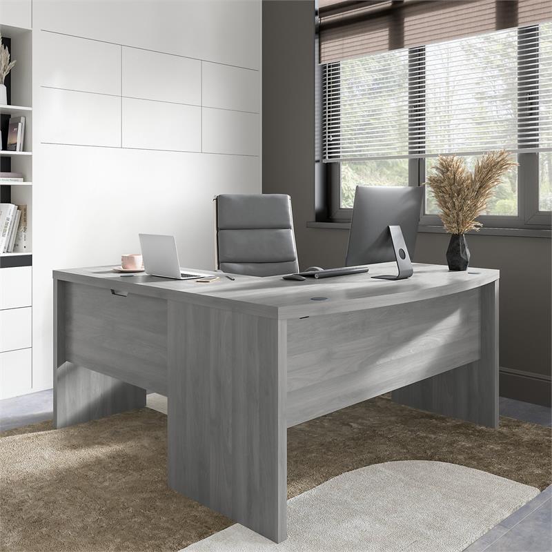 Scranton & Co Engineered Wood L-Shaped Bow Front Desk with Chair in Modern Gray