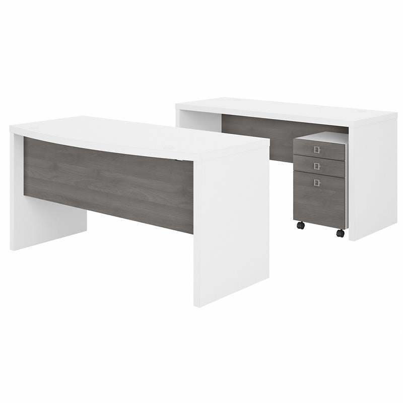 Scranton & Co Wood Bow Front Desk & Credenza w/ Drawers in White & Gray