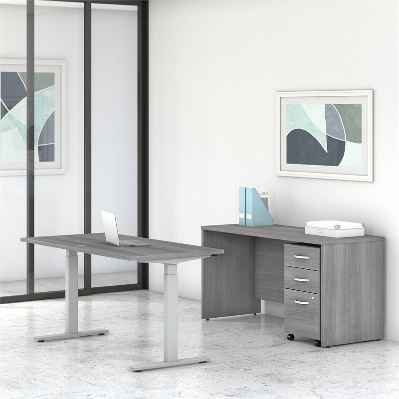 Scranton & Co Wood 60W Adjustable Desk with Credenza & Storage in Gray