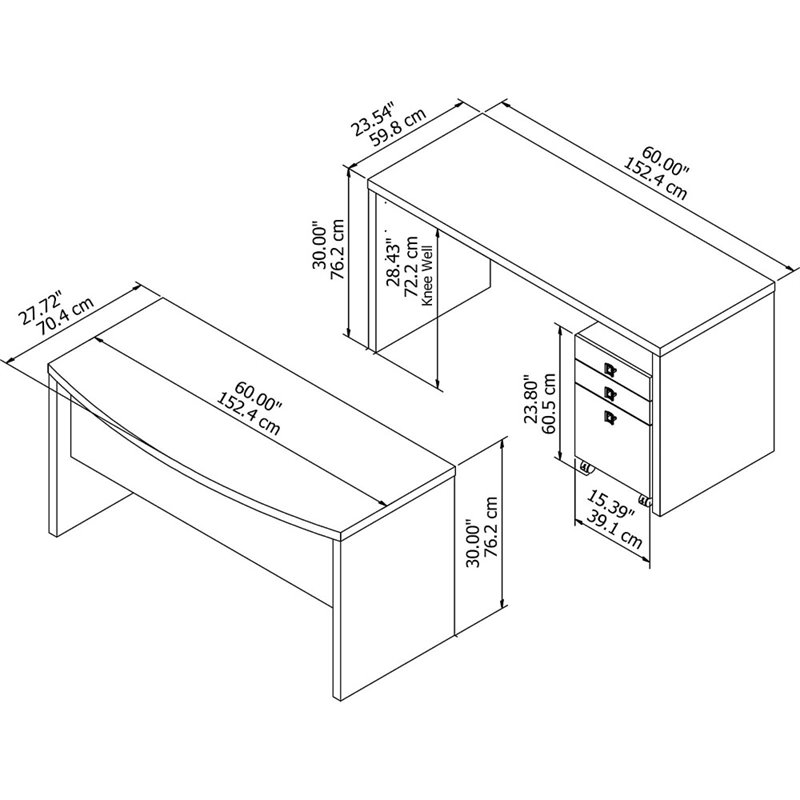 Scranton & Co Engineered Wood Bow Front Desk & Credenza w/ Drawers in Pure White