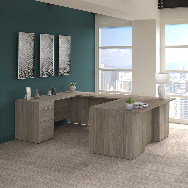 Scranton & Co Engineered Wood 72W U Shaped Desk with Drawers in Modern Hickory