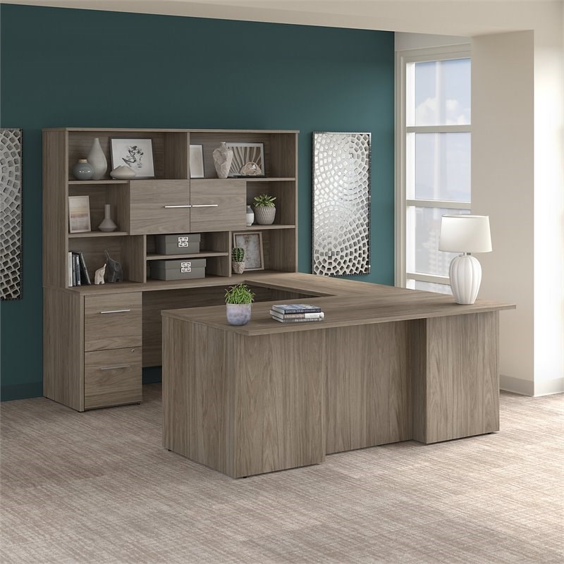 Scranton & Co Engineered Wood 72W U Shaped Desk with Hutch in Modern Hickory