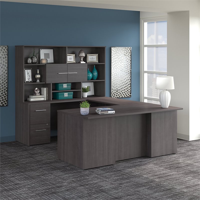 Scranton & Co Engineered Wood 72W U Shaped Desk with Hutch in Storm Gray