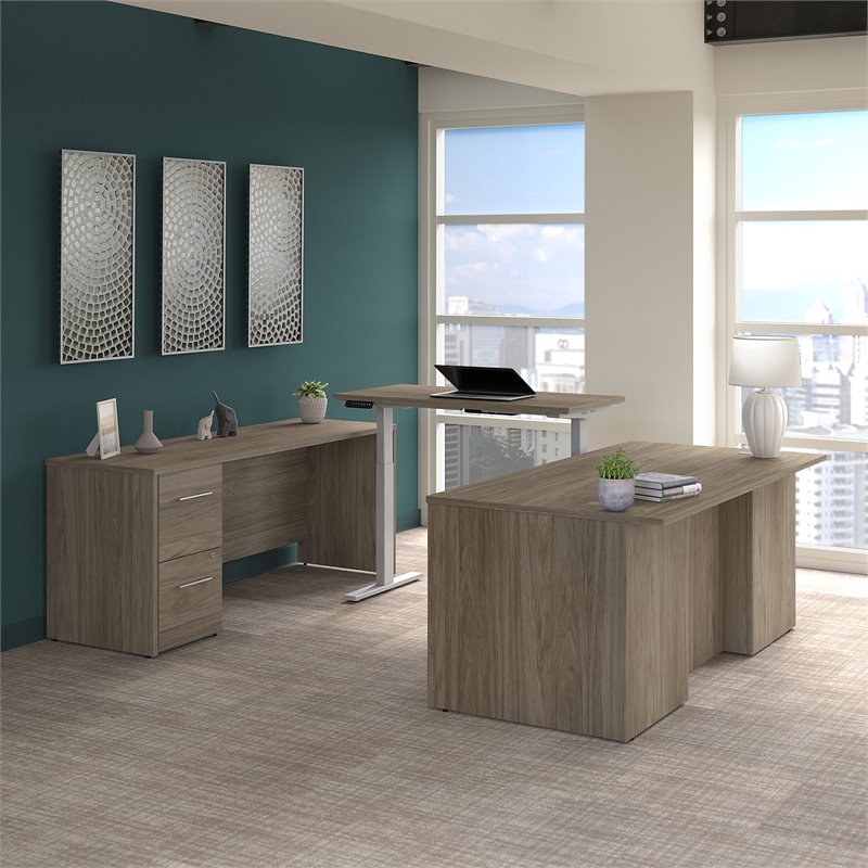 Scranton & Co Engineered Wood Height Adjustable U Shaped Desk in Modern Hickory