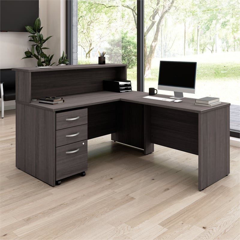 Scranton & Co Wood 60W x 72D L Reception Desk with Drawers in Storm Gray