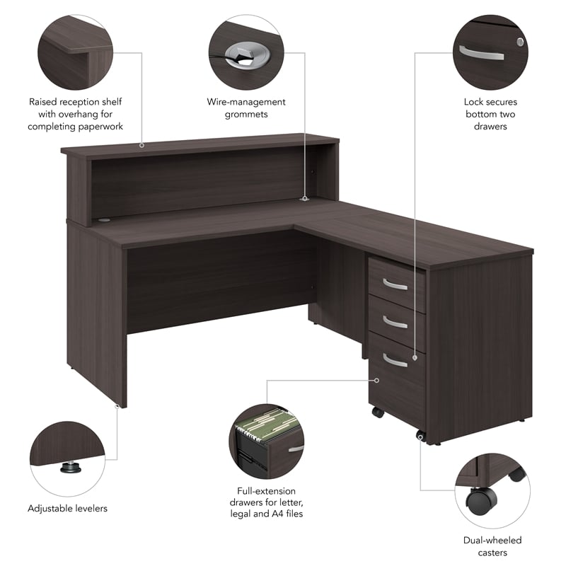Scranton & Co Wood 60W x 72D L Reception Desk with Drawers in Storm Gray
