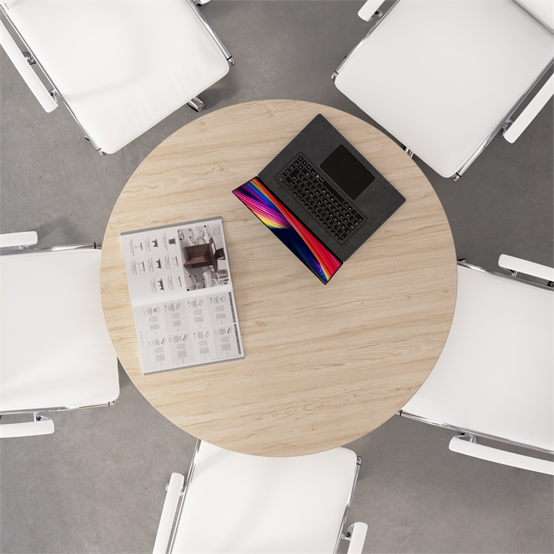 Scranton & Co Wood 42W Round Conference Table with Metal Base in Natural Elm