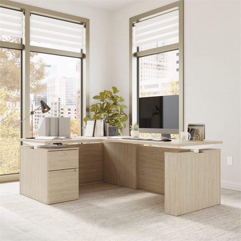 Scranton & Co Wood 60W Standing L Desk with File Cabinet in Natural Elm